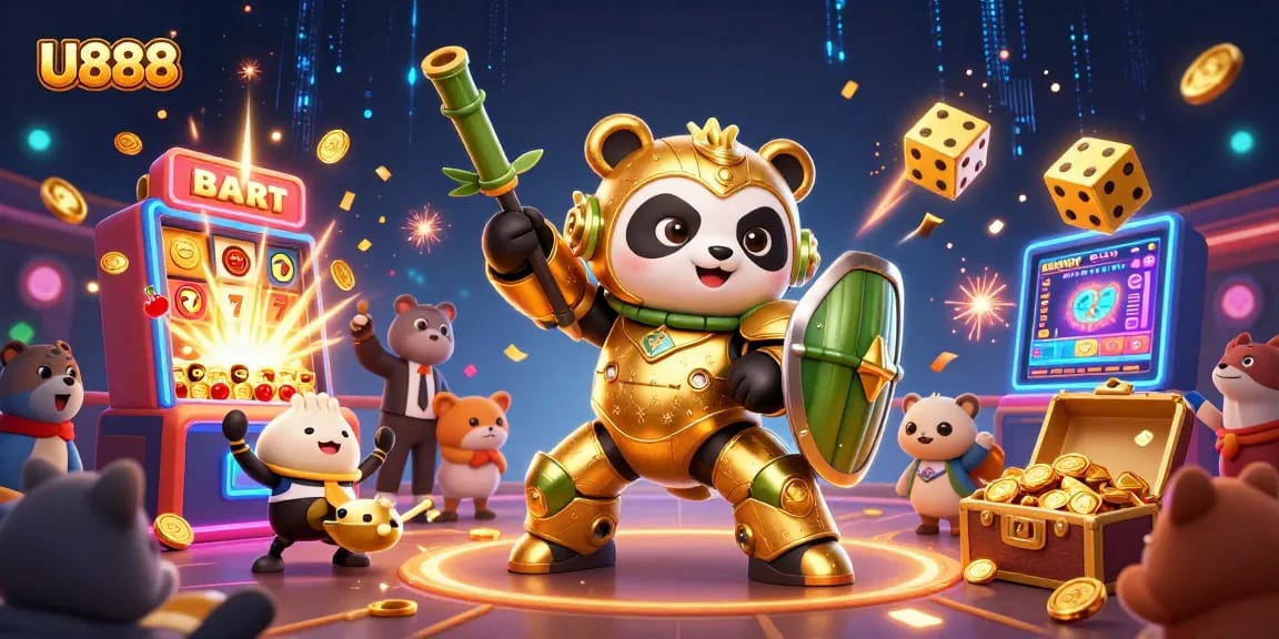 Experience the thrill of U888 with dynamic casino elements including slot machines and golden dice.