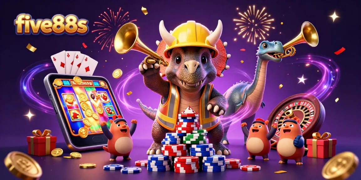 Experience five88s in a vibrant casino scene with a triceratops and a parasaurolophus celebrating gaming victories.