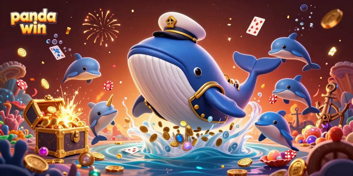 Panda win features a vibrant 3D scene with a whale, narwhal, and dolphins amid casino elements.