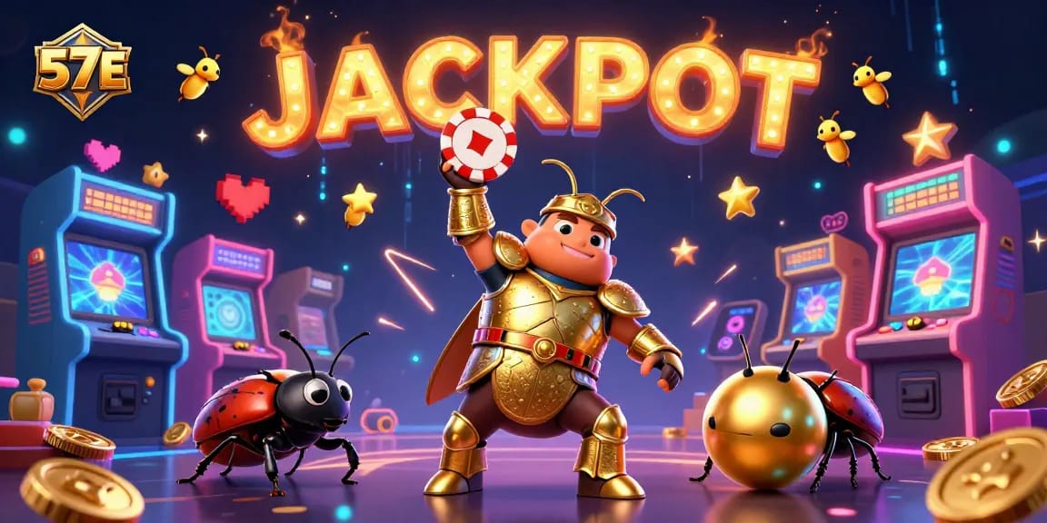 Experience the thrilling excitement of 57E with a victorious beetle and arcade gaming elements.