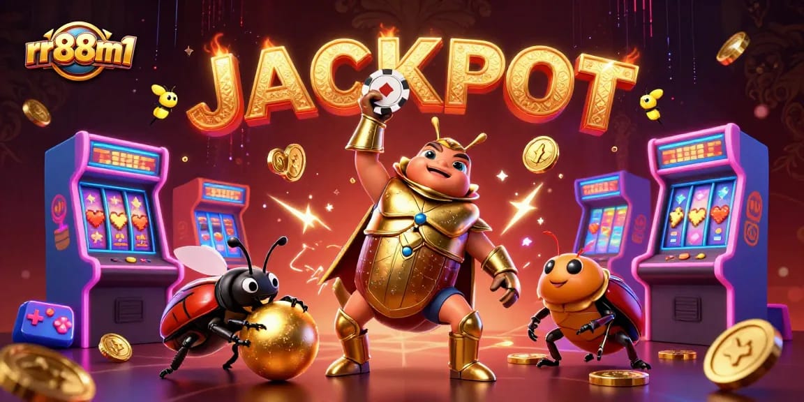 Witness the 3D hercules beetle celebrating a jackpot victory at rr88m1's vibrant gaming scene.