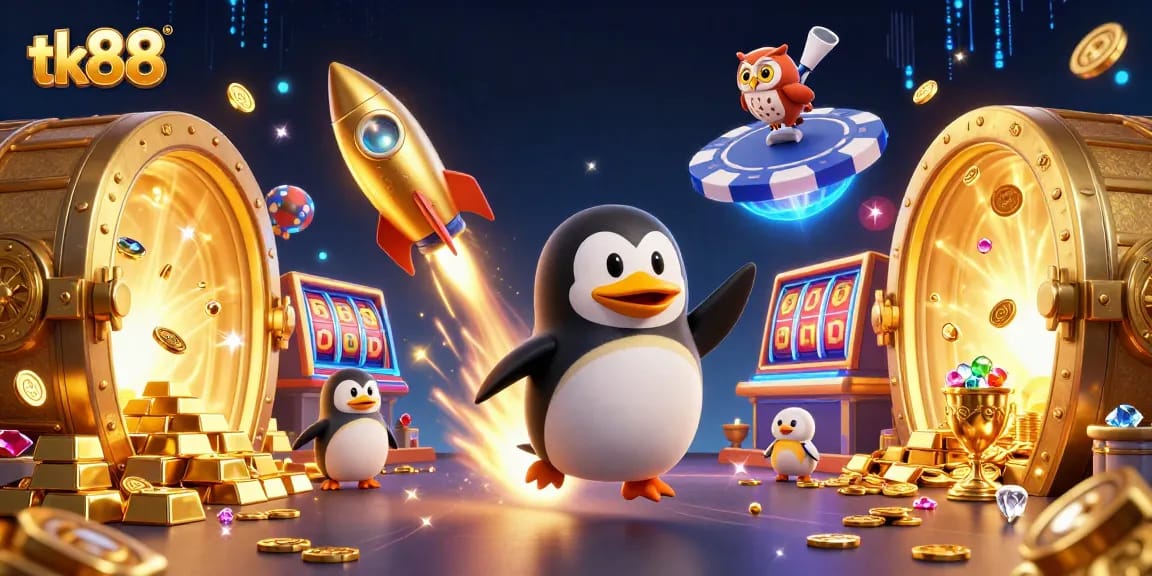 Engage in thrilling gaming action at tk88 with the vibrant penguin rocket and golden treasures.
