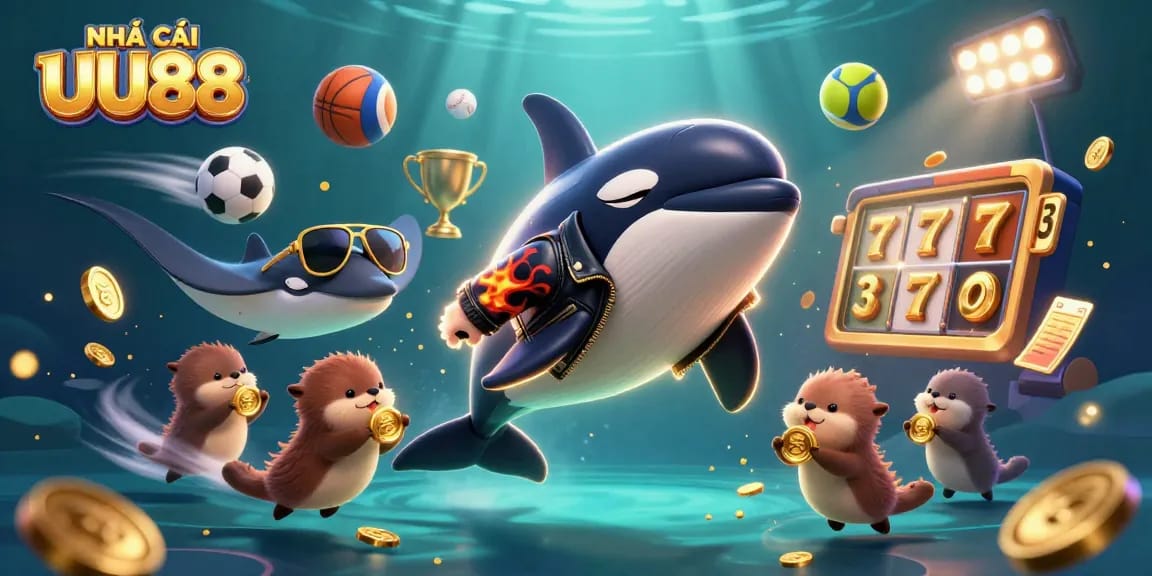 Experience the excitement at NHÀ CÁI UU88 with dynamic characters in a thrilling casino scene.