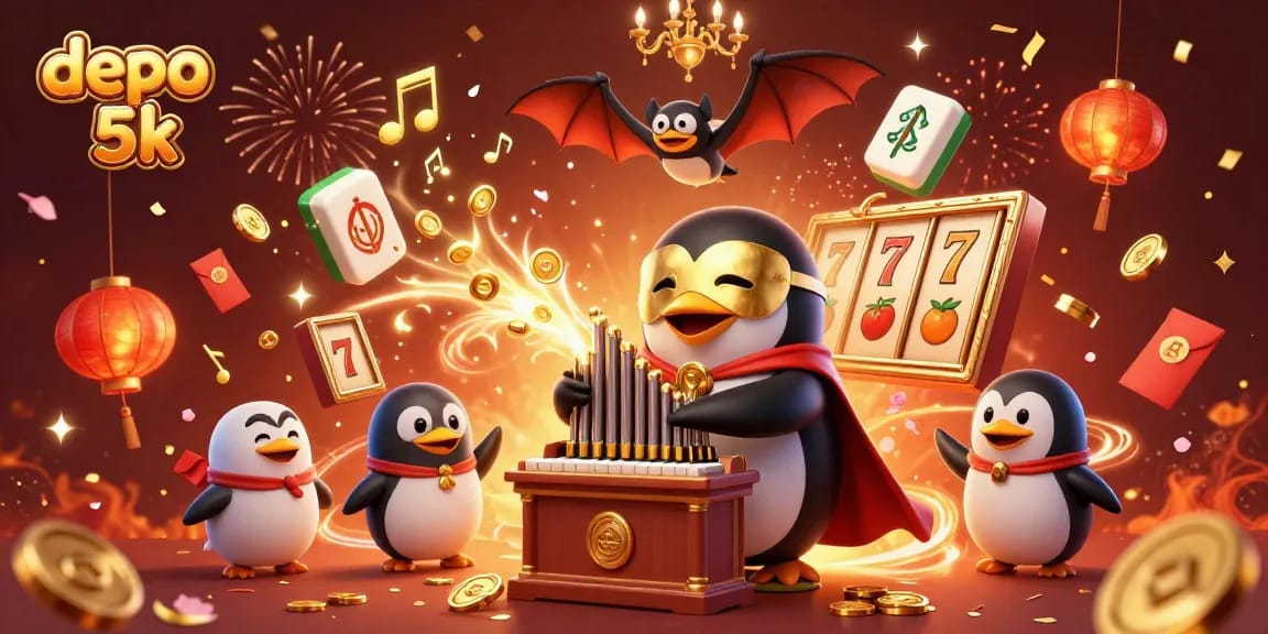Experience the thrill at depo 5k with playful penguins dropping golden coins from slot reels