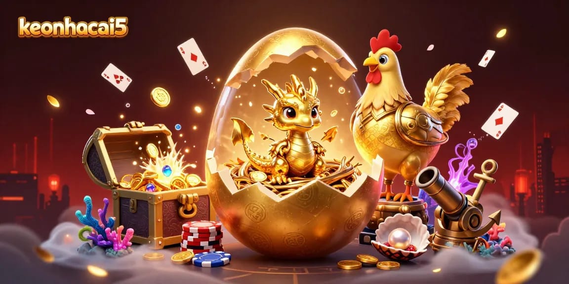 Experience the thrill of keonhacai5 with a golden baby dragon and poker chips amidst rich casino elements.
