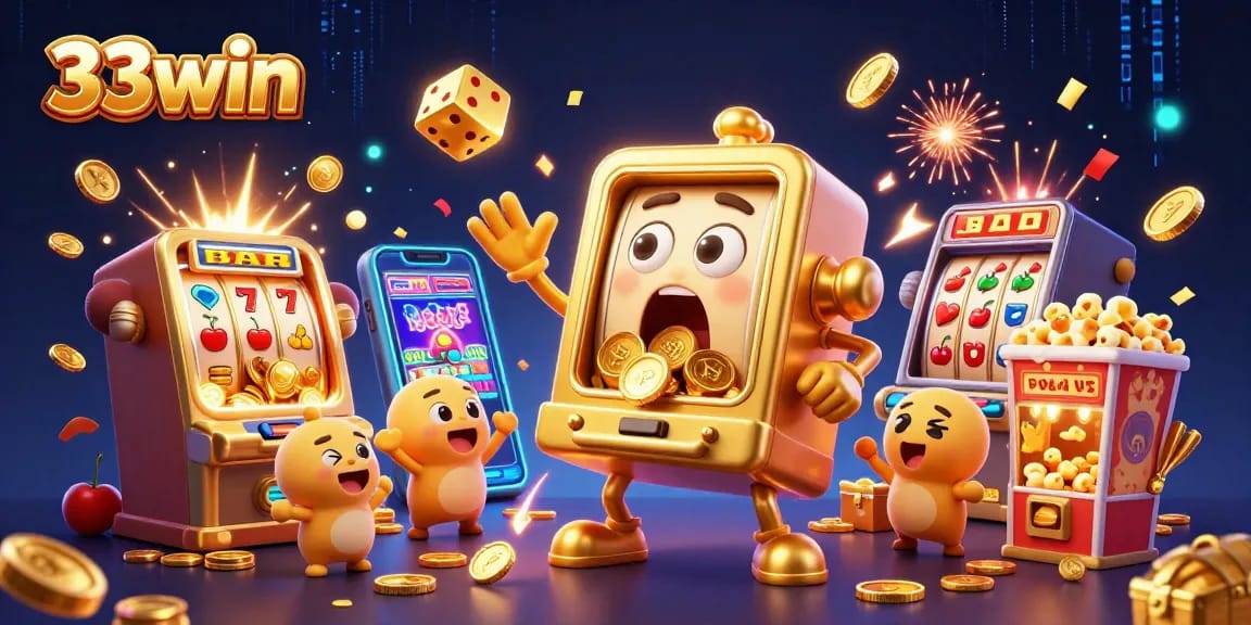 33win features an energetic scene with a joyful golden slot machine celebrating a jackpot amidst a festive casino atmosphere.