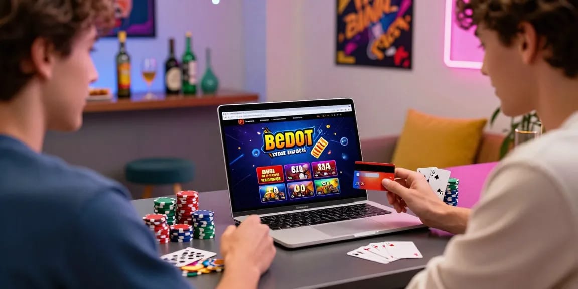 Exciting credit card casinos scene featuring a player engaged with online casino gaming at home, showcasing vibrant decor and gaming elements.