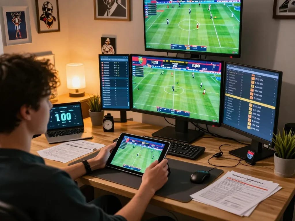 Engaging in online sports betting with live kqbd updates displayed on multiple screens.