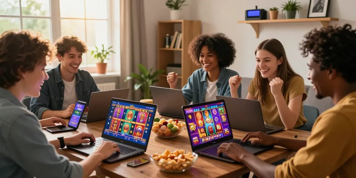 Friends enjoying slot depo 5k games in a cozy living room.