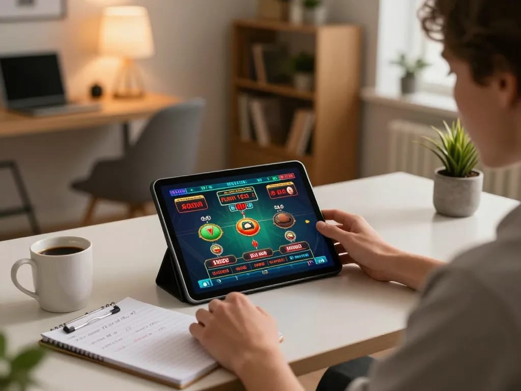 Interagir avec le casino retrait rapide via une tablette dans un bureau à domicile accueillant, mettant en avant le jeu moderne.