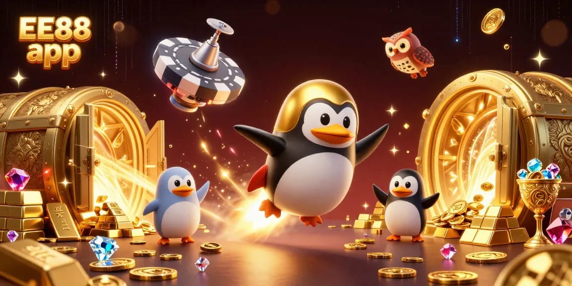 Experience the EE88 app with vibrant graphics of a golden penguin and casino elements.