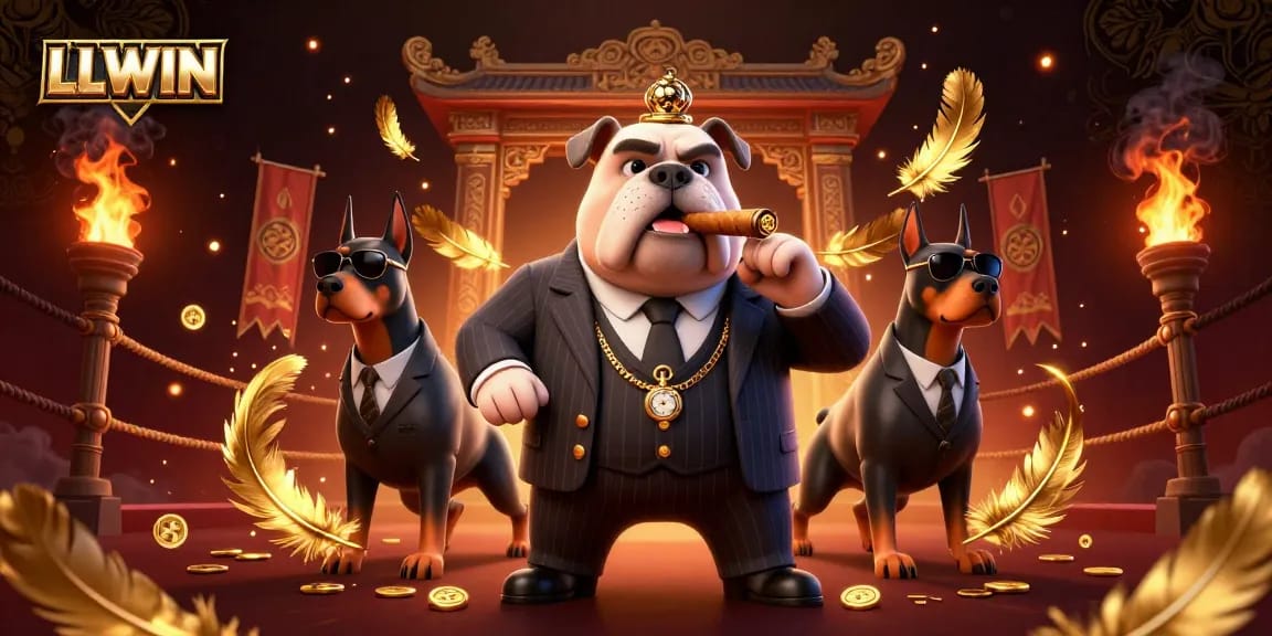 LLWIN showcases a dynamic scene with a mafia bulldog and Doberman bodyguards capturing the thrill of online gambling.