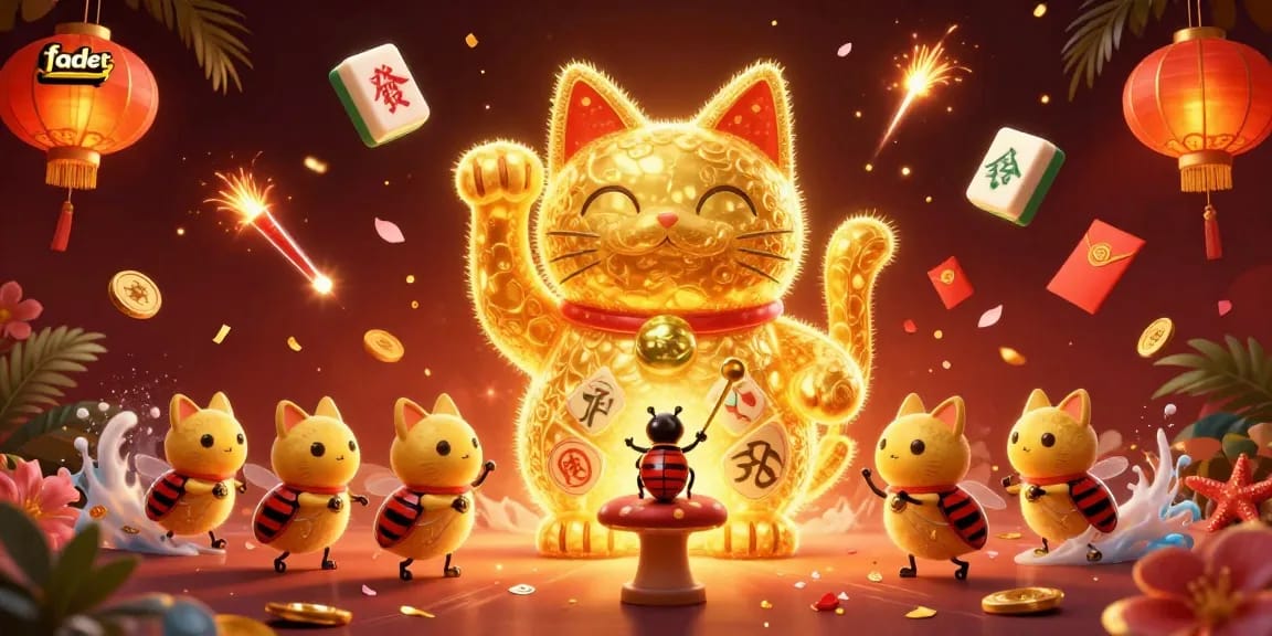 Win big with fabet in a dynamic 3D casino scene featuring a lucky cat and vibrant symbols.