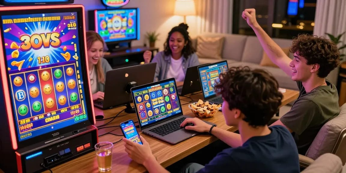 Exciting scene of players enjoying slot gacor games on various devices in a cozy setting.