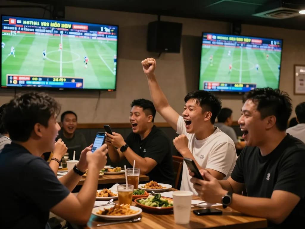 Sports bettors engaging with kèo nhà cái on smartphones while watching live games in a lively sports bar.
