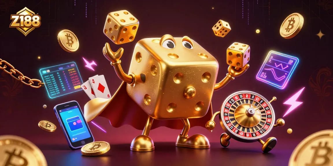 Z188 showcases exciting casino elements in a vibrant animated scene with a golden dice golem.
