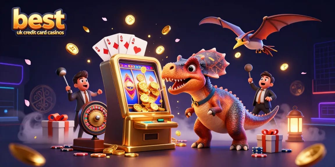 Catch golden coins at the best UK credit card casinos with prehistoric characters in an exciting casino scene.