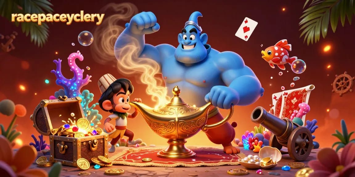 Experience the magic of racepacecyclery with a genie and treasures in this engaging casino scene.