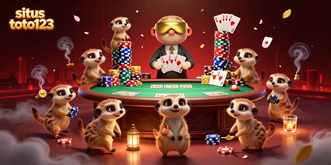 Situs toto123 showcases meerkats managing a vibrant casino with poker elements and colorful chips.