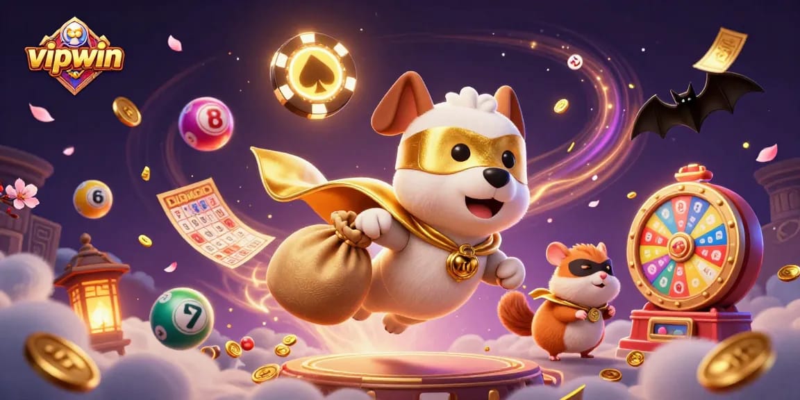 Experience thrilling wins with vipwin's cartoon illustration showcasing vibrant casino elements and characters.