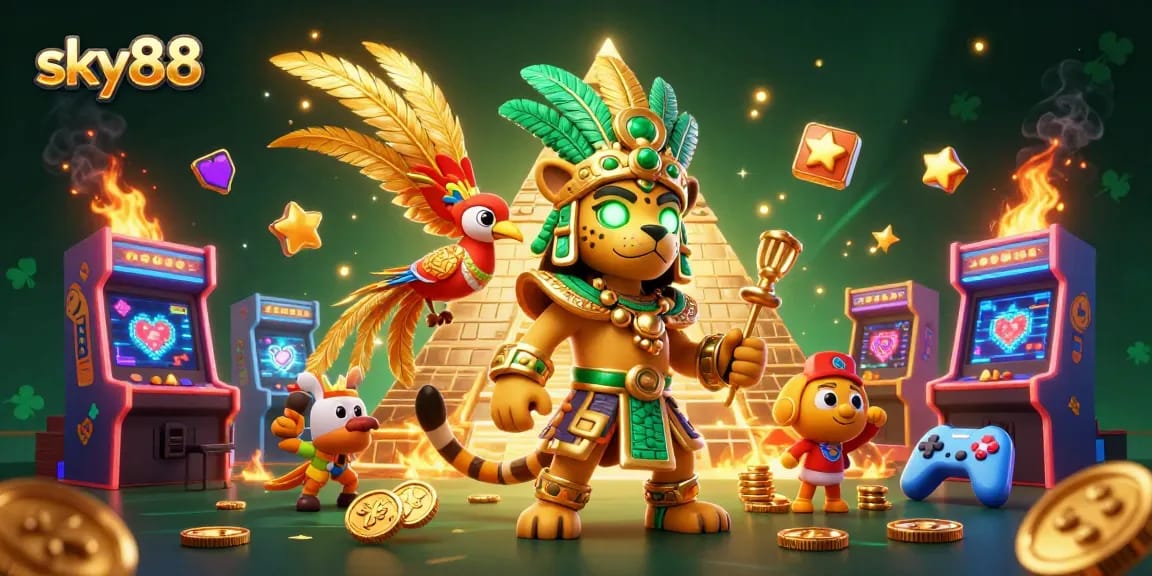 Win big with sky88's vibrant 3D gaming world, featuring Mayan themed characters and arcade elements.