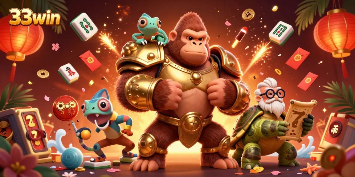 Engage with 33win through a dynamic casino scene featuring a gorilla in golden armor, chameleon, and tortoise.