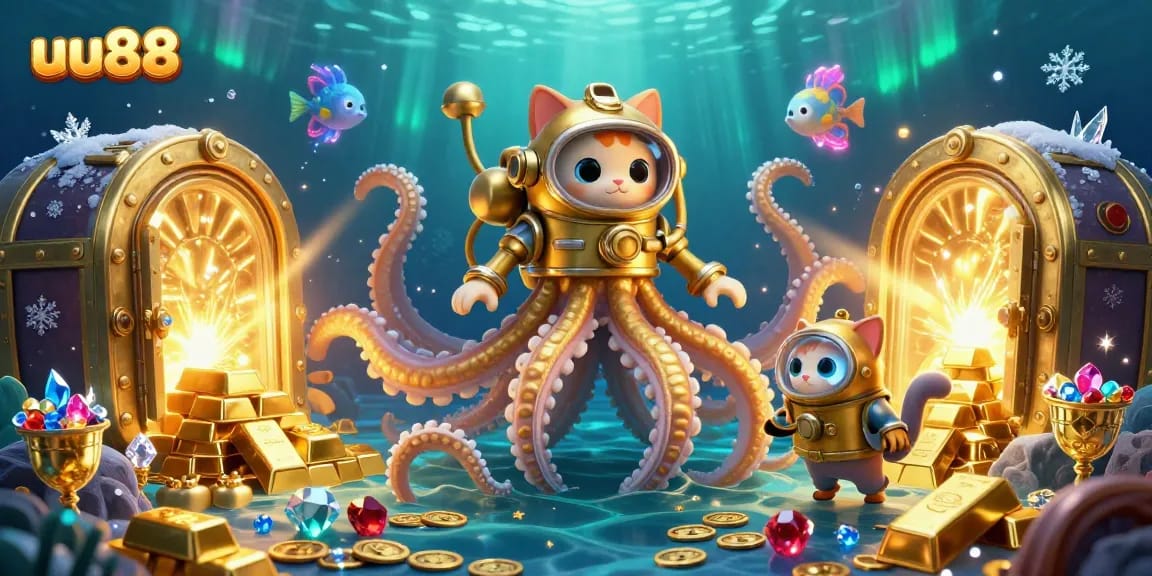 Win big with uu88's immersive gaming world featuring a kraken, diving cat, and treasure!
