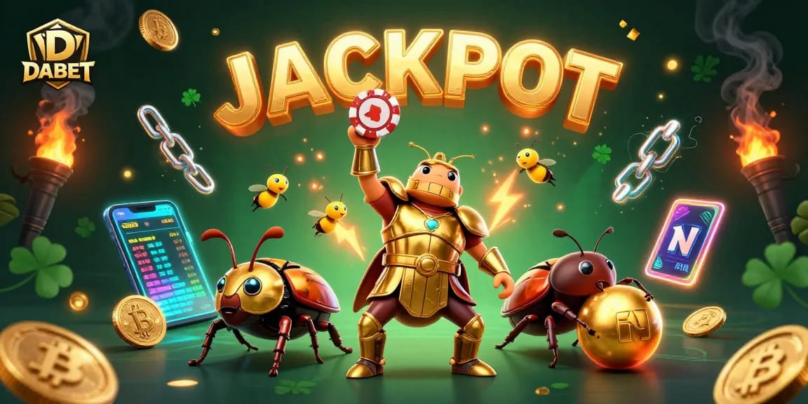 DABET offers thrilling gaming with a cartoon beetle championing poker excellence in a dynamic casino scene.