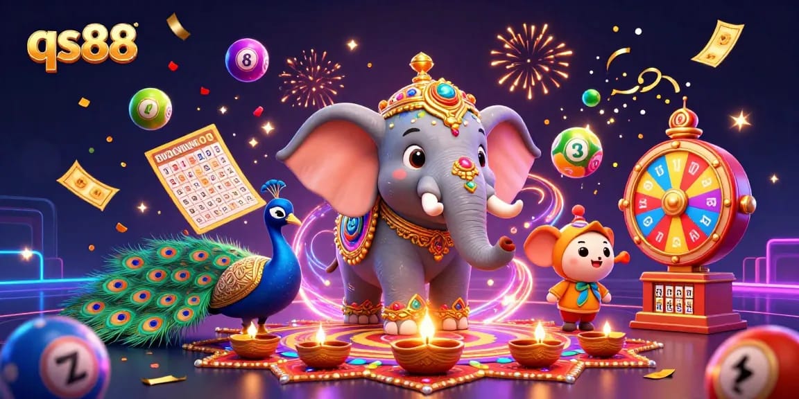 Join the excitement at qs88 with vibrant scenes of joy and gaming adventures, featuring lottery and celebration elements.