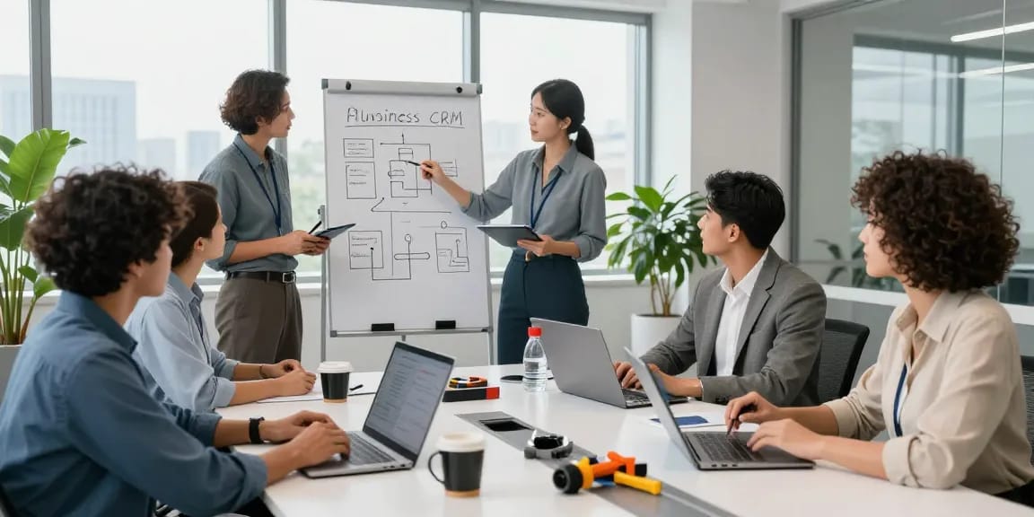 Team discussing plumbing business CRM strategies in a modern office.