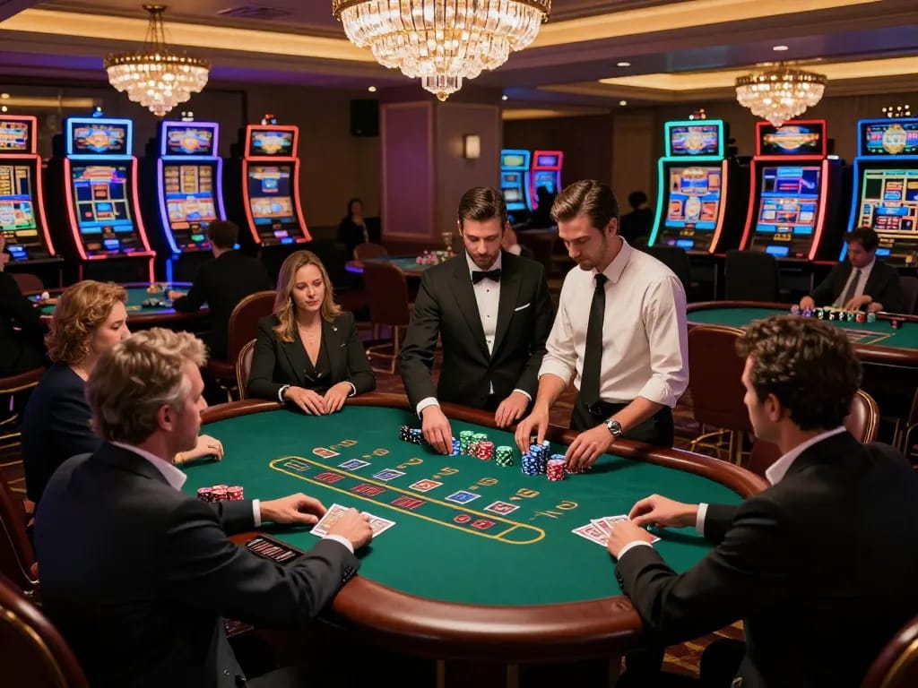 Players at a sunwingo blackjack table enjoying high-stakes action in a luxurious casino.