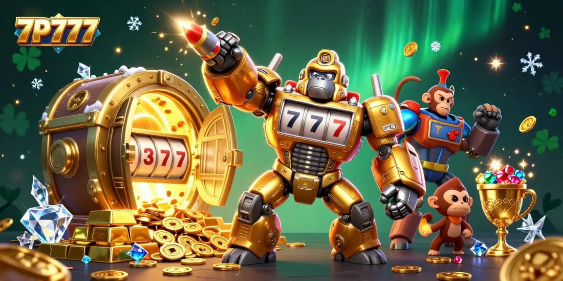 Engage in thrilling action with 7P777 as the golden gorilla mech showcases jackpot excitement.