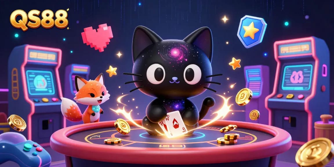 Experience the dynamic galaxy-themed online gaming at QS88 with a cosmic cat and colorful fox.