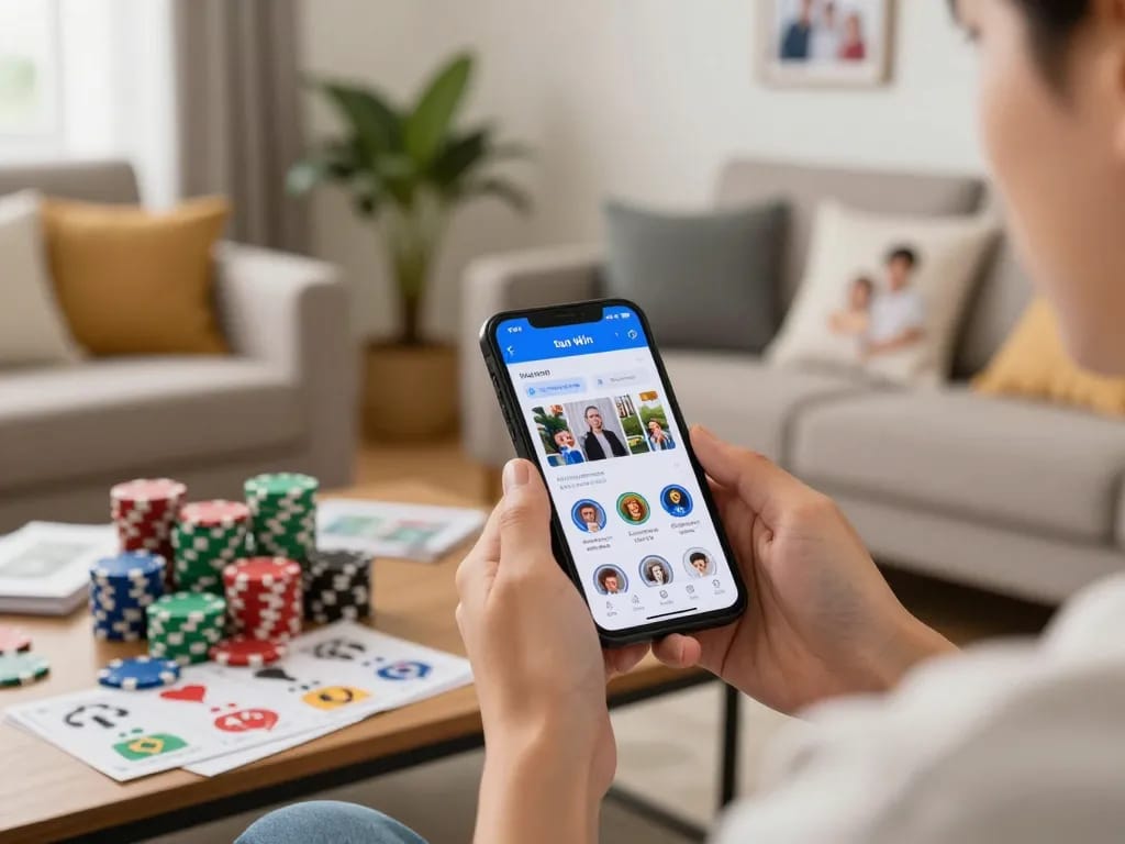 Person immersed in tải sun win mobile gaming, using smartphone in cozy living room.