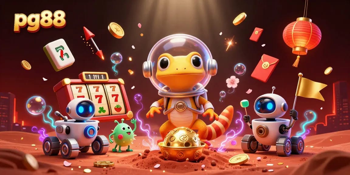 Engage with pg88 as the Martian gecko and robot explore a golden casino on Mars amid vibrant gambling symbols.