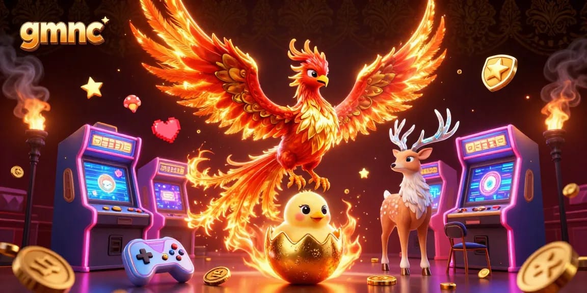 Engage with gmnc's colorful gaming world, featuring a fire phoenix, baby phoenix, and a mystical stag.