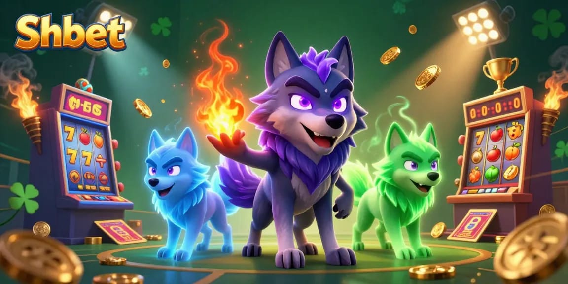 Experience Shbet's thrilling excitement with a dynamic casino scene featuring glowing wolves and slot machines.