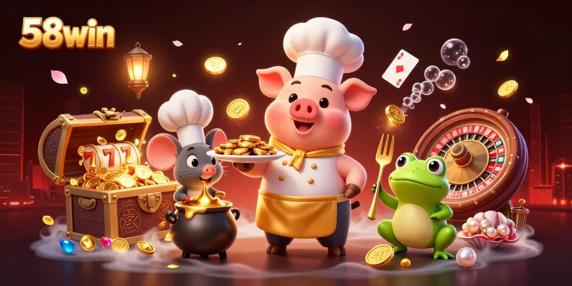 Engage with 58win's exciting casino games, featuring vibrant characters serving golden treasures.