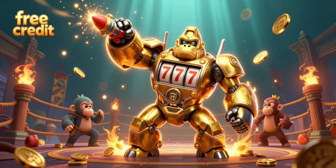 Experience thrilling games with free credit at online casinos, featuring a dynamic golden gorilla mech.