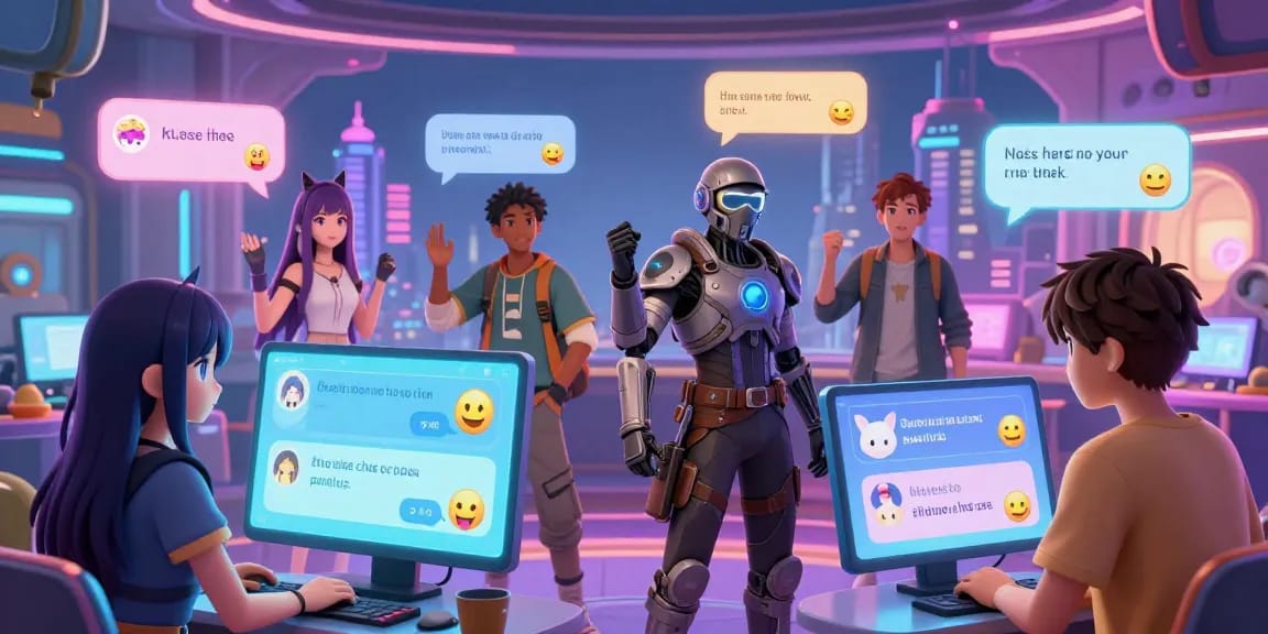 Diverse avatars engaging in exciting hentai chat within a colorful digital environment, showcasing animated conversations.