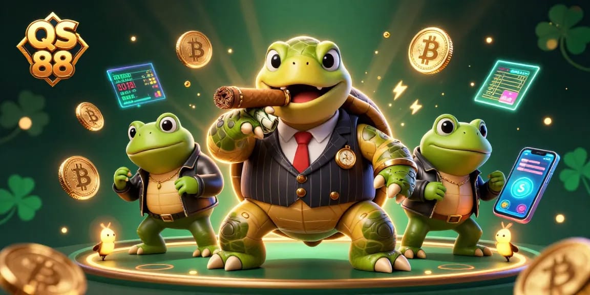 Experience the thrilling energy of QS 88 with cartoon characters in a vibrant casino scene.