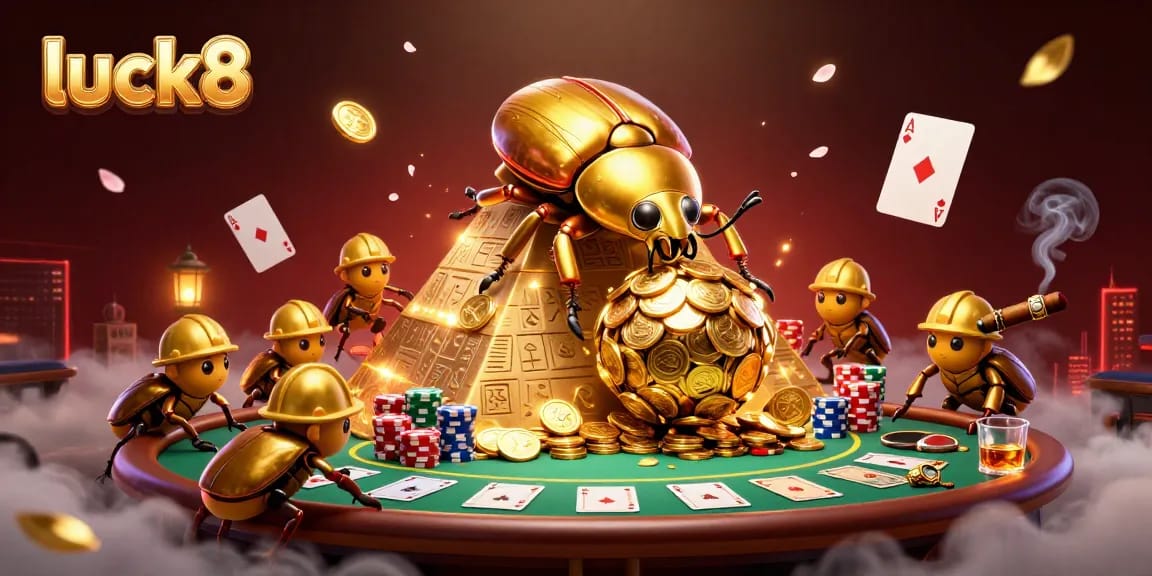 Bet big with luck8 as golden beetles roll coins at a vibrant casino pyramid.