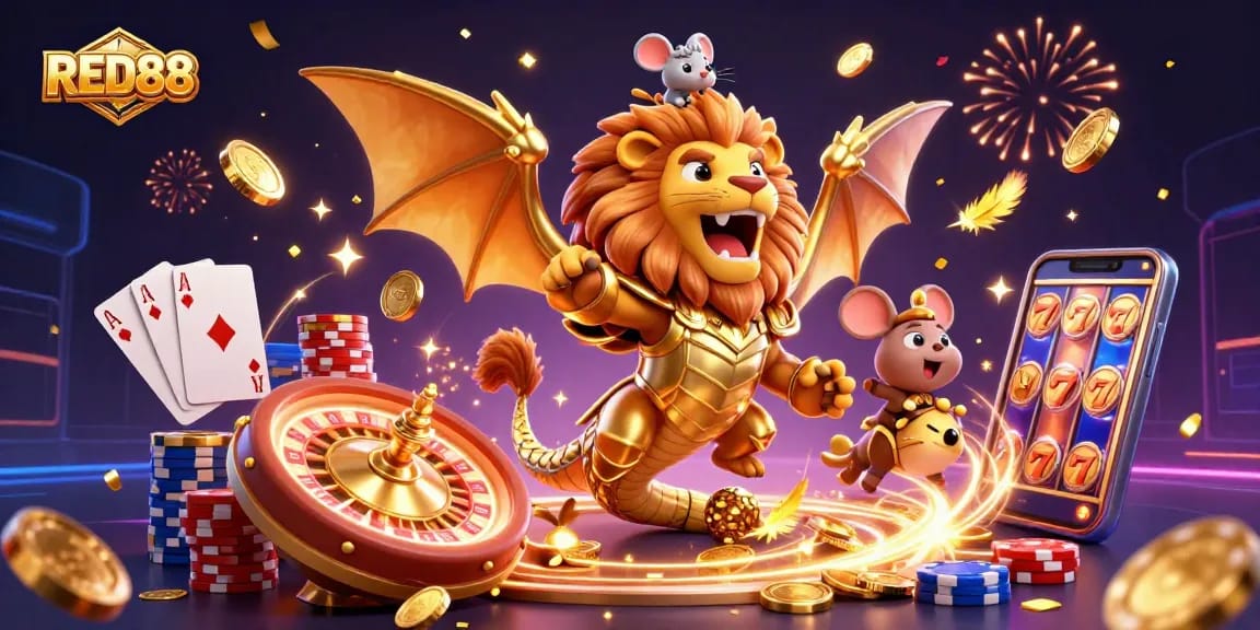 Engage with gripping gaming excitement at RED88 featuring vibrant characters and casino elements.