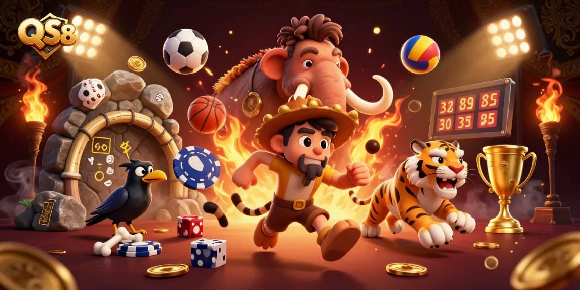 Join the excitement at QS88 with caveman and sabertooth tiger duo running an exhilarating casino!