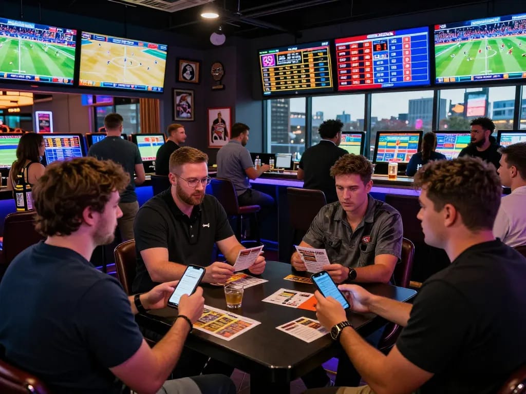 Exciting atmosphere at Topbet sportsbook with live sports events and enthusiastic bettors.