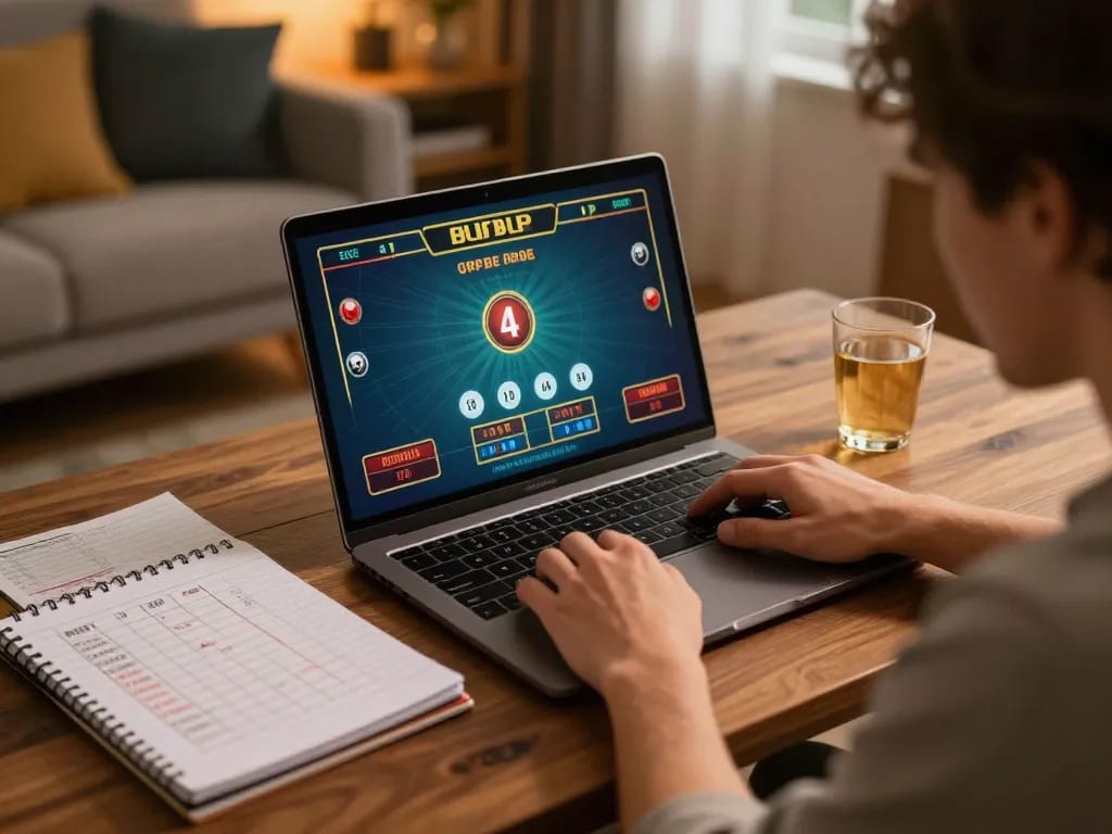 Nohu90 online gambler engaged in a live dealer game, surrounded by strategy notes and drinks.