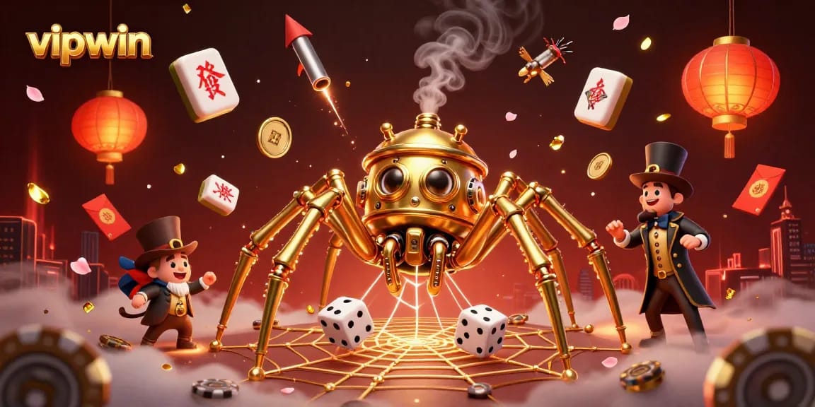 Engage with vipwin's thrilling casino adventure featuring a steampunk spider and floating mahjong elements.
