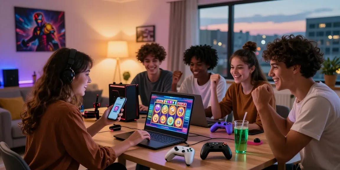 Friends enjoying situs slot deposit 10 ribu games with excitement in a bright living room.