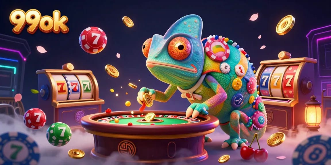 Engage with the vibrant energy of 99ok's colorful casino scene featuring lively game elements and dynamic characters.