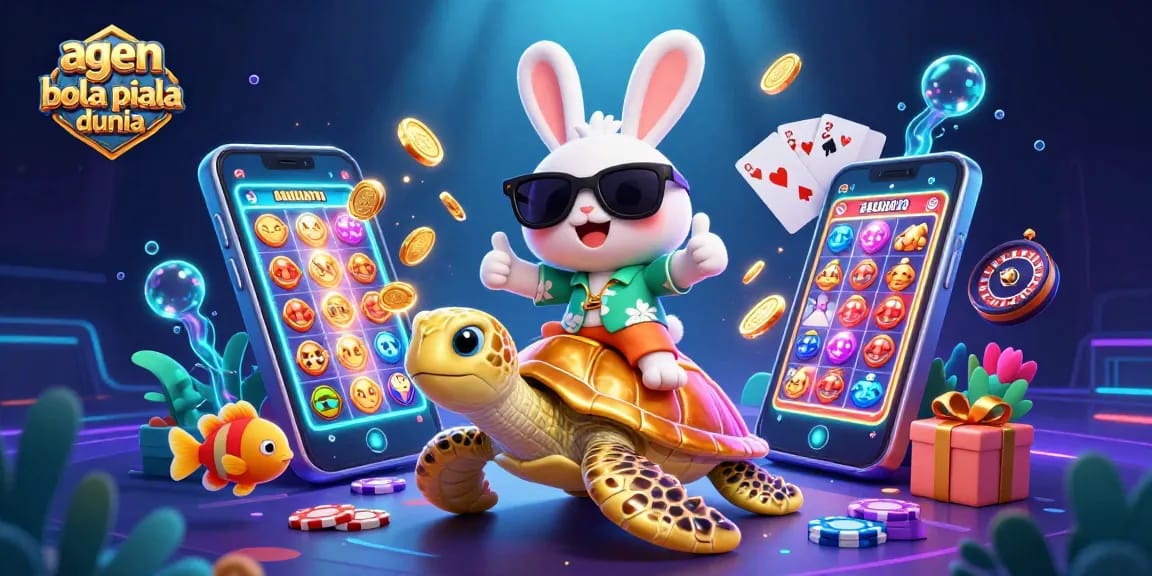 Enjoy winning with agen bola piala dunia illustrated by a lucky rabbit and a golden sea turtle.